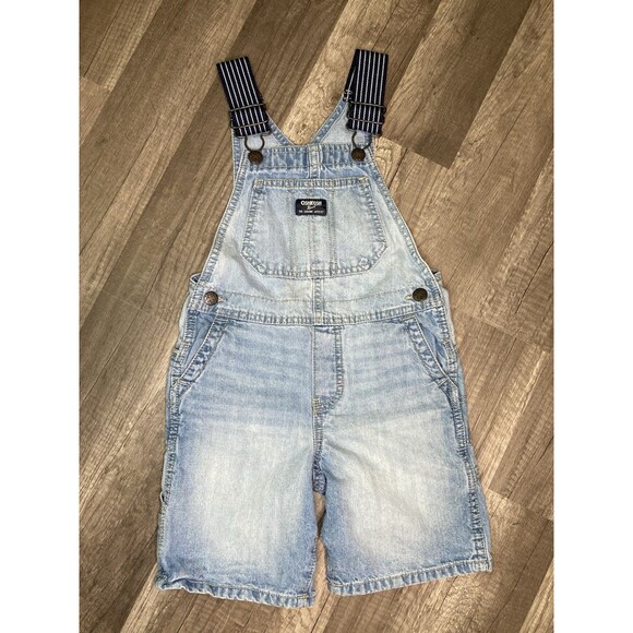 OshKosh 5T Denim Short Overalls Vestbak Carpenter Conductor Stripe Straps Unisex - Picture 1 of 9